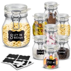 Creative Home Lot de 8 Bocaux en Verre 750ml - Bocal en Verre avec Couvercle Hermétique - Boite Rangement Cuisine - Pot a epices