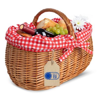 Creative Home Panier de Pique-Nique en Osier avec Poignée - Carreaux Rouges - 45 x 32 x 34 cm (+/- 2 cm) - Tressé à la Main