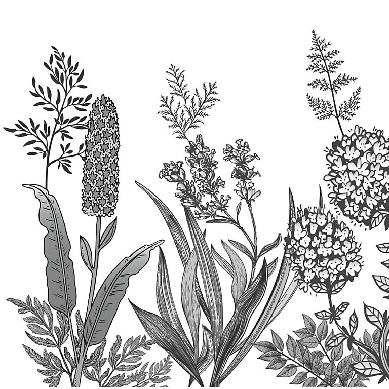 Crédence de cuisine auto-adhésive Caméléo design champ fleuri noir et blanc  l. 200 cm x H. 40 cm x ép. 0,2 mm