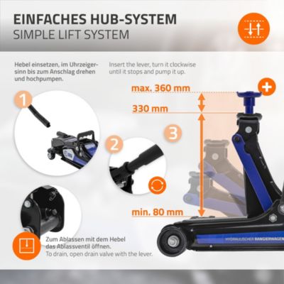 Cric de manœuvre 2,5T de voiture hauteur de 80-360 mm avec 2 supports caoutchouc