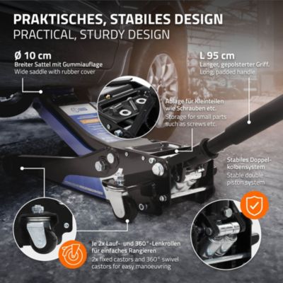 Cric hydraulique rouleur 3T ECD Germany profil bas 83-465 mm double piston avec roulettes pivotants