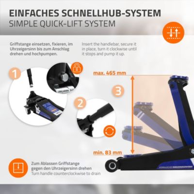 Cric hydraulique rouleur 3T ECD Germany profil bas 83-465 mm double piston avec roulettes pivotants