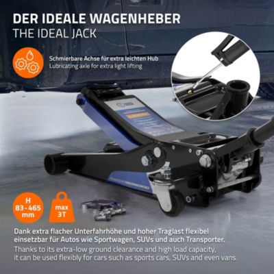 Cric hydraulique rouleur 3T ECD Germany profil bas 83-465 mm double piston avec roulettes pivotants