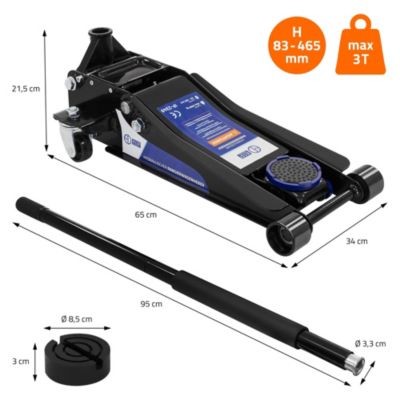 Cric hydraulique rouleur 3T ECD Germany profil bas 83-465 mm double piston avec roulettes pivotants