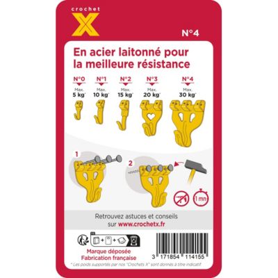 Crochet pour tableau vendu par 10 Crochet X N° 4 + 30 épingles charge maxi 30 KG