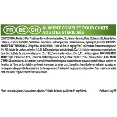 Croquettes pour chat stérilisé Pro Plan Sterilised Adult Optirenal riche en dinde 3kg