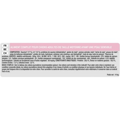 Croquettes pour chien Pro Plan Medium Adult Sensitive Skin riche en saumon et riz 14kg