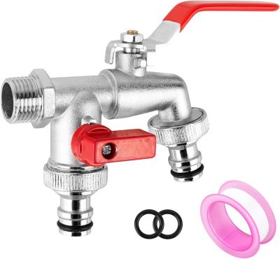 CTDMJ Robinet de jardin, Robinet à double Sortie 1/2", Robinet Jardin avec 2x sorties 3/4", 1x ruban d'étanchéité à rouleaux,résis