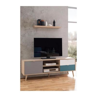 CUBA Meuble TV scandinave decor chene, gris, blanc et bleu petrole - L 150 cm