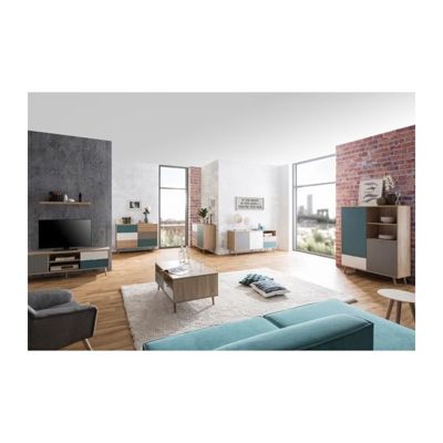CUBA Meuble TV scandinave decor chene, gris, blanc et bleu petrole - L 150 cm