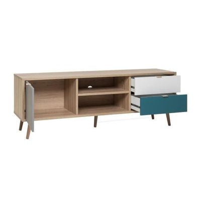 CUBA Meuble TV scandinave decor chene, gris, blanc et bleu petrole - L 150 cm