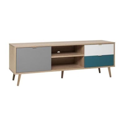 CUBA Meuble TV scandinave decor chene, gris, blanc et bleu petrole - L 150 cm