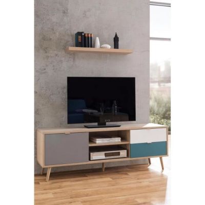 CUBA Meuble TV scandinave decor chene, gris, blanc et bleu petrole - L 150 cm