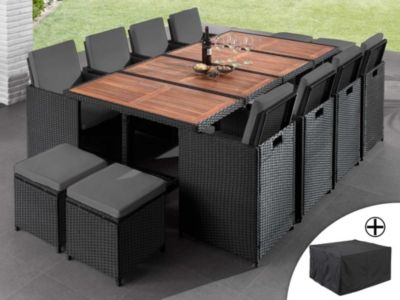 Cuba - Salon de jardin encastrable 12 places -   tressée - Noir avec coussins gris + housse de protection - Best Mobilier