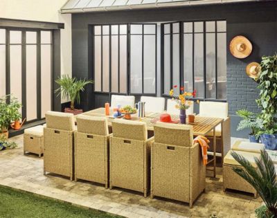 Cuba - salon de jardin encastrable   tressé beige - 12 places - coussins beige + housse de protection - Best Mobilier