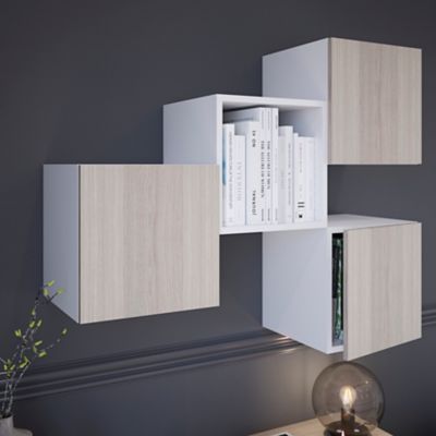 Cube rangement blanc avec porte effet chêne GoodHome Atomia H. 37,5 x L. 37,5 x P. 37 cm