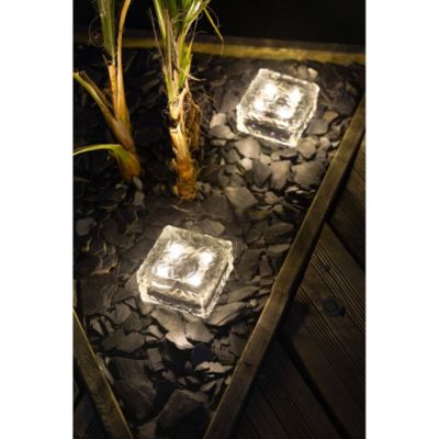 Cube solaire effet glace en verre trempé- 10x10cm, Hauteur 5cm- 4 LED blanche- 6 Lumens- Eclairage extérieur Jardin