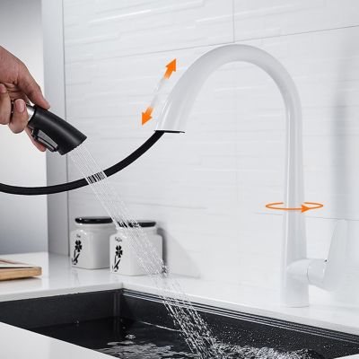 Cuisine avec pommeau de douche extractible multifonctionnel en laiton pivotant rétractable évier de cuisine blanc