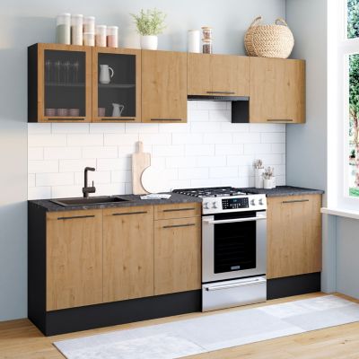 Cuisine complète 240 cm SUBTIL avec vitrine + plan de travail 7 éléments noir et façon hêtre