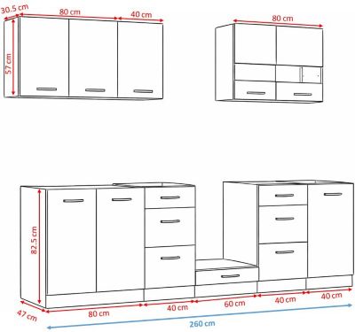Cuisine complète 260 cm,Ensemble de meuble de cuisine coloris Blanc/Craie brillant, plan de travail non inclus