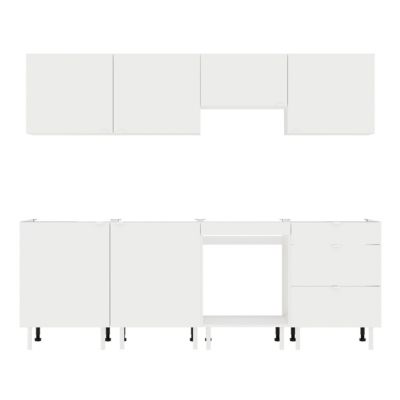 Cuisine complète Izee blanc 4 meubles hauts + 4 bas 3 tiroirs et 6 portes sans électroménager 240 cm