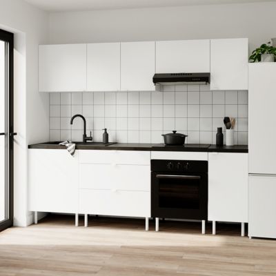 Cuisine complète Izee blanc 4 meubles hauts + 4 bas 3 tiroirs et 7 portes sans électroménager 240 cm