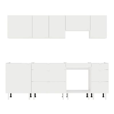Cuisine complète Izee blanc 4 meubles hauts + 4 bas 6 tiroirs et 6 portes sans électroménager 240 cm