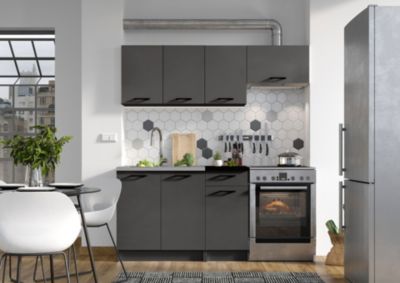 CUISINE COMPLETE LINA GRIS FONCE 1M80 NON MONTEE SANS ELECTROMENAGER AVEC PLAN DE TRAVAIL 5 MEUBLES