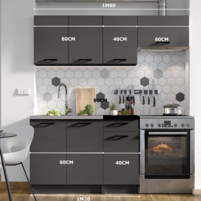 CUISINE COMPLETE LINA GRIS FONCE 1M80 NON MONTEE SANS ELECTROMENAGER AVEC PLAN DE TRAVAIL 5 MEUBLES