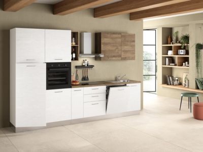 Cuisine complète montée All in Daphne blanc et imitation chêne L. 315 cm avec électroménager