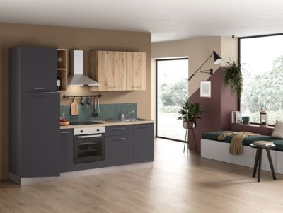 Cuisine complète pré-montée All in anthracite et bois L.255 cm avec électroménager