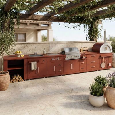 Cuisine d'extérieur 6 meubles avec module cuisson brique  Oviala