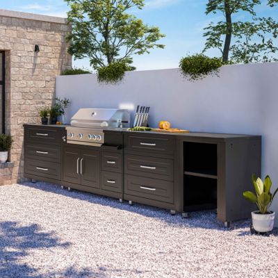 Cuisine d'extérieur acier 4 éléments avec barbecue  Oviala