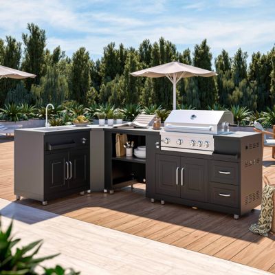 Cuisine d'extérieur angle 4 éléments avec évier et barbecue  Oviala