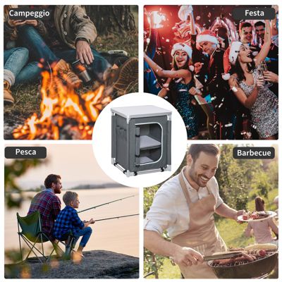 Cuisine de camping - armoire de camping - plan de travail, nombreux rangements, sac transport inclus - armature alu. Oxford gris