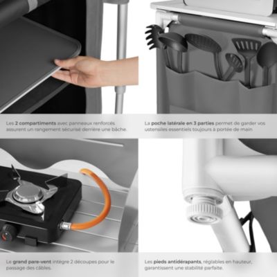 Cuisine de camping haut de gamme avec structure en aluminium et 2 compartiments pliable gris