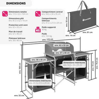 Cuisine De Camping Pliable KESSER – 6 Compartiments, Structure Alu, Pieds Réglables, Gobelets Inclus, Résistante UV