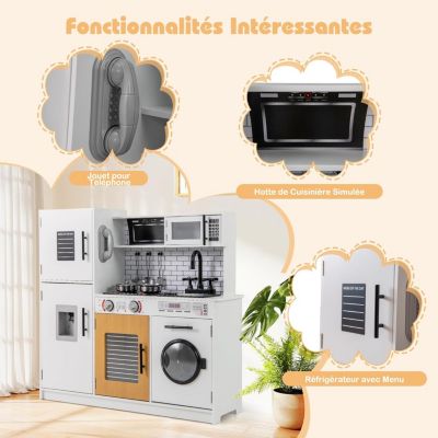 GOPLUS Cuisine Enfant Bois – Four, Machine à Laver, Téléphone – Sons & Lumières – 82x80,5 Cm – Dès 3 Ans