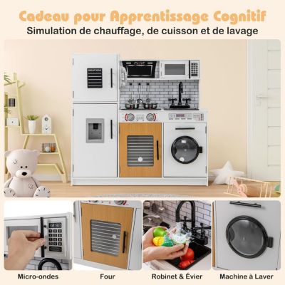Cuisine Enfant En Bois 89x84x31 Cm – Sons & Lumières, Micro-ondes, Distributeur D'Eau – Gris Et Bois