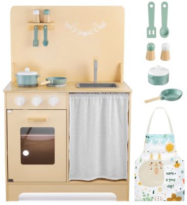 Cuisine Enfant en Bois avec Eclairage LED + Tablier & Accessoires en Bois - Four Placard avec Rideau - Beige