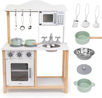 Cuisine Enfant en Bois avec Micro-Ondes, Four, évier et Accessoires - Sons mécaniques, Jouet Montessori +3 Ans