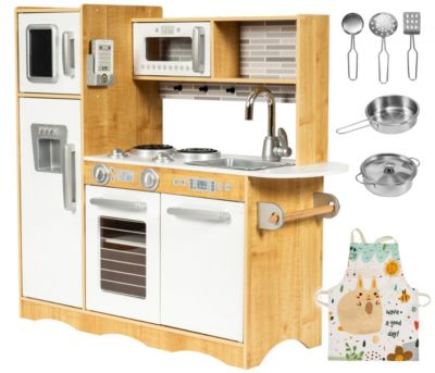 Cuisine Enfant En Bois Éclairage LED XXL 93x30x83 cm - Ustensiles Tablier Frigo Micro-ondes Plaque - Blanc