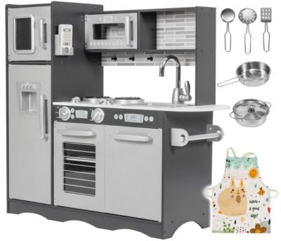 Cuisine Enfant En Bois Éclairage LED XXL 93x30x83 cm Ustensiles Tablier Frigo Micro-ondes Plaque - Grise
