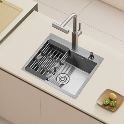 Cuisine Evier Simple en Acier Inoxydable 55x45x19 cm, avec Panier d'égouttage Télescopique, Distributeur de Savon en Acier
