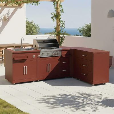 Cuisine extérieure acier 4 éléments avec barbecue brique  Oviala