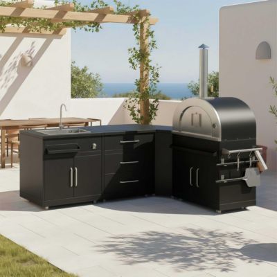 Cuisine extérieure acier 4 éléments avec four à pizza  Oviala