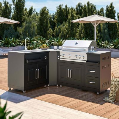 Cuisine extérieure en métal avec 3 modules évier et barbecue  Oviala