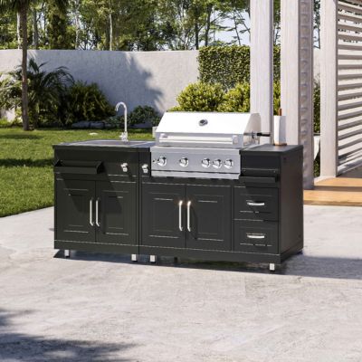 Cuisine extérieure en métal avec évier, barbecue et rangement  Oviala