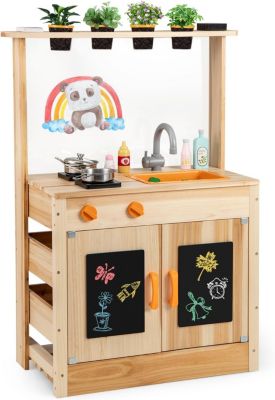 Cuisine exterieur enfant, en bois de sapin, avec pots de plantation, plaques de cuisson,noirs, pour enfant 3+ ans