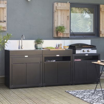 Cuisine extérieure 3 éléments avec crédences inox, acier époxy noir, Le Marquier